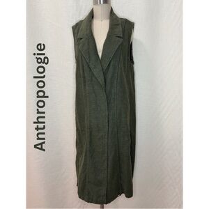 Anthropologie Olive Linen Long Vest Sleeveless Duster Jacket Minimalist Chic XS